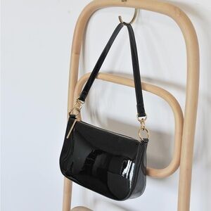 Glossy Faux Patent Leather Black Shoulder Bag with Gold Hardware